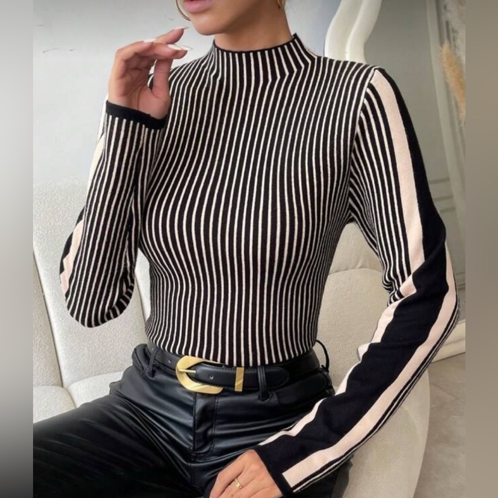 Black and Apricot Striped Mock-Neck Tee